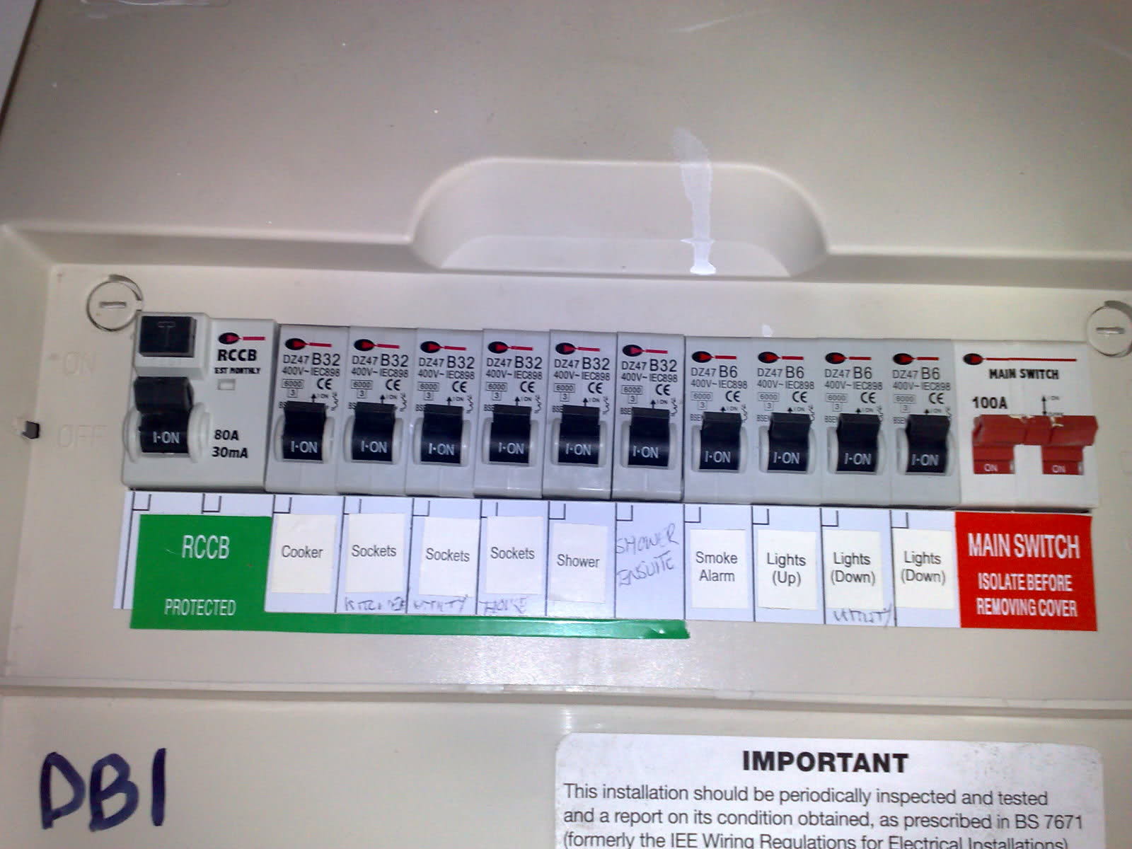 Typical European distribution board with a 100 Amp main switch